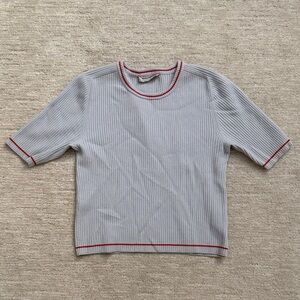 Everlane Blue Ribbed Top with Red Accents